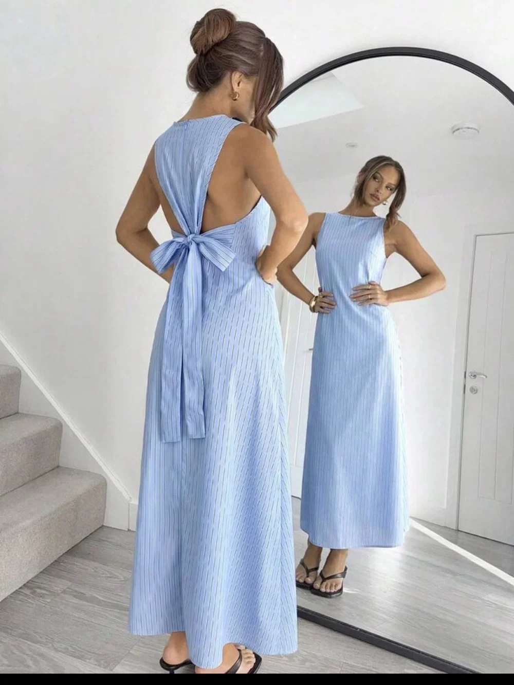 Sleeveless Light Blue Maxi Dress with Back Bow - Picture 1 of 3